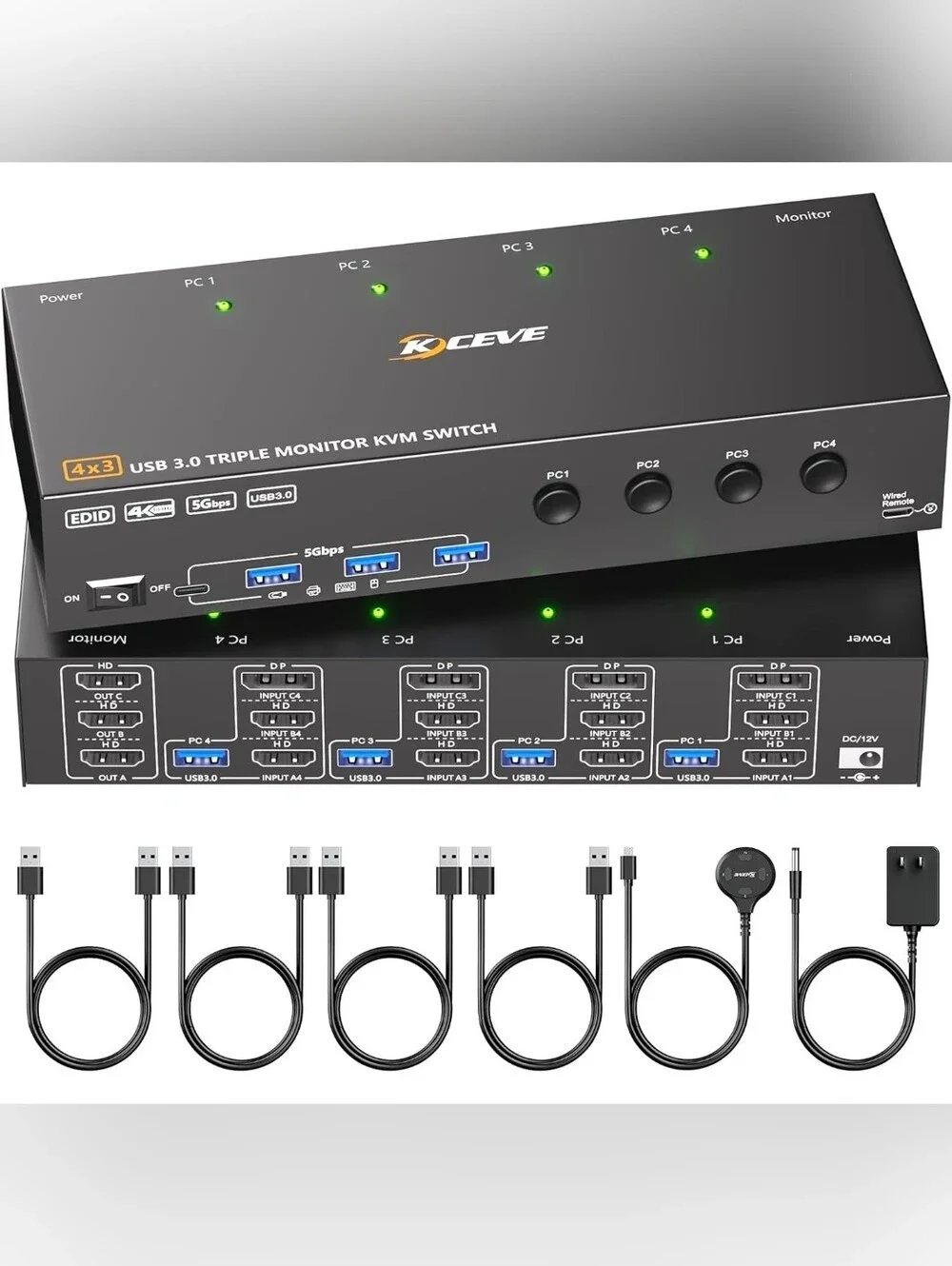 KVM Switch 3 Monitors 4 Computers 4K@60Hz,EDID Simulation,USB 3.0 HDMI Displa...